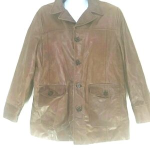 Wilson's Men's Genuine Leather Coat Jacket Trucker Brown Button Lined XL EUC
